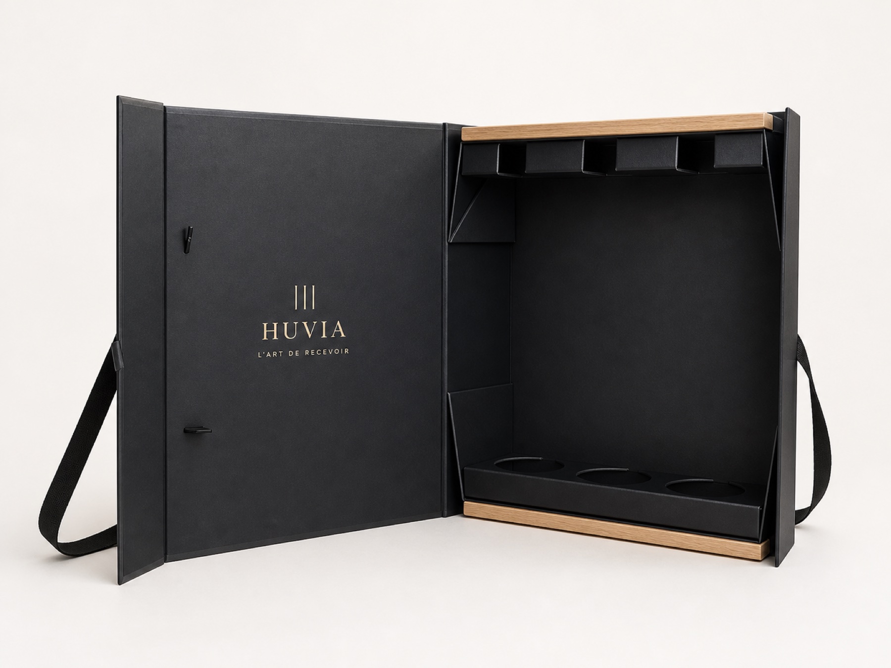 Interior of the foldable wine gift box showing bottle supports and wood reinforcement