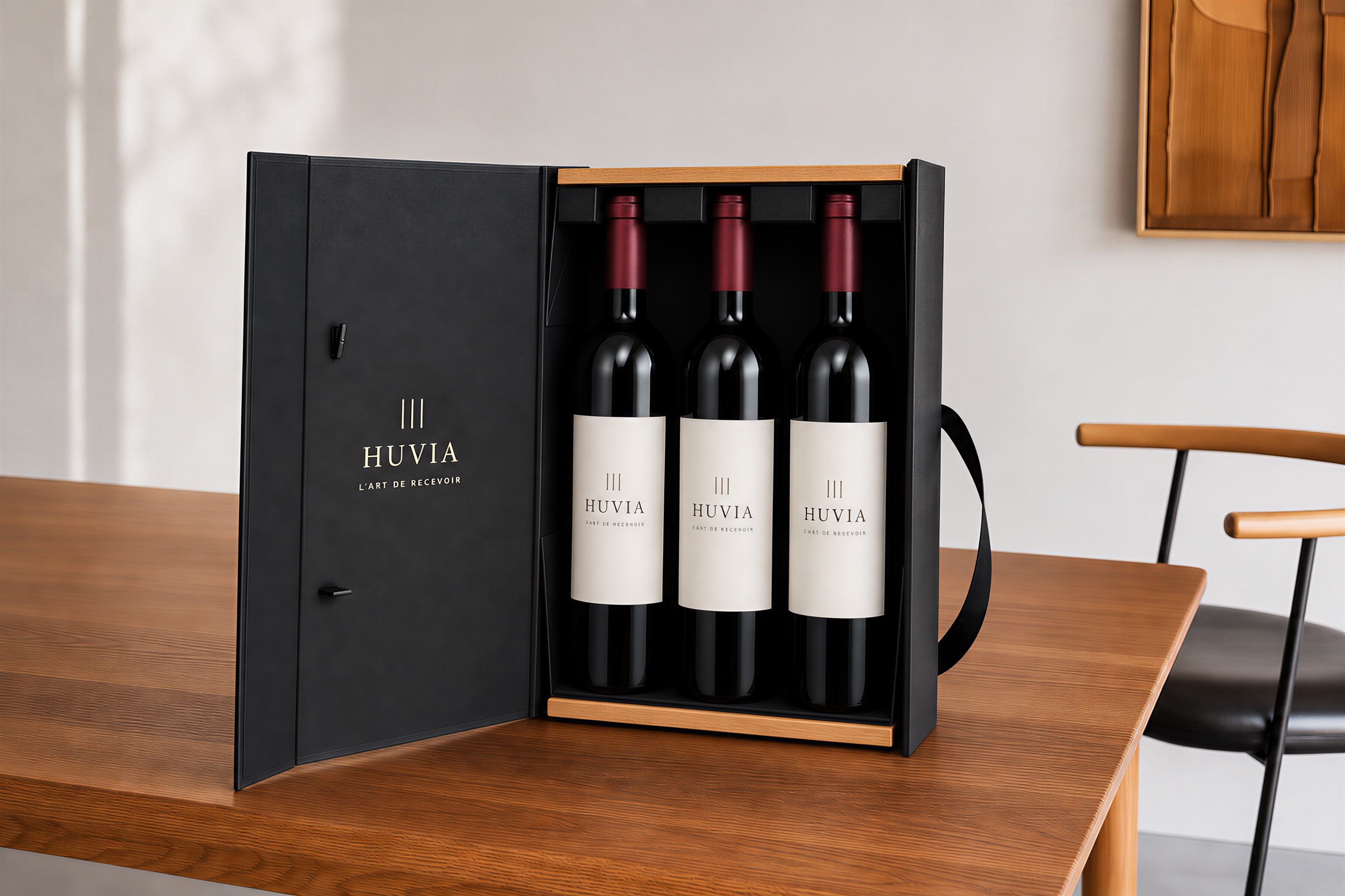 Open three-bottle wine presentation box arranged for a premium gifting reveal