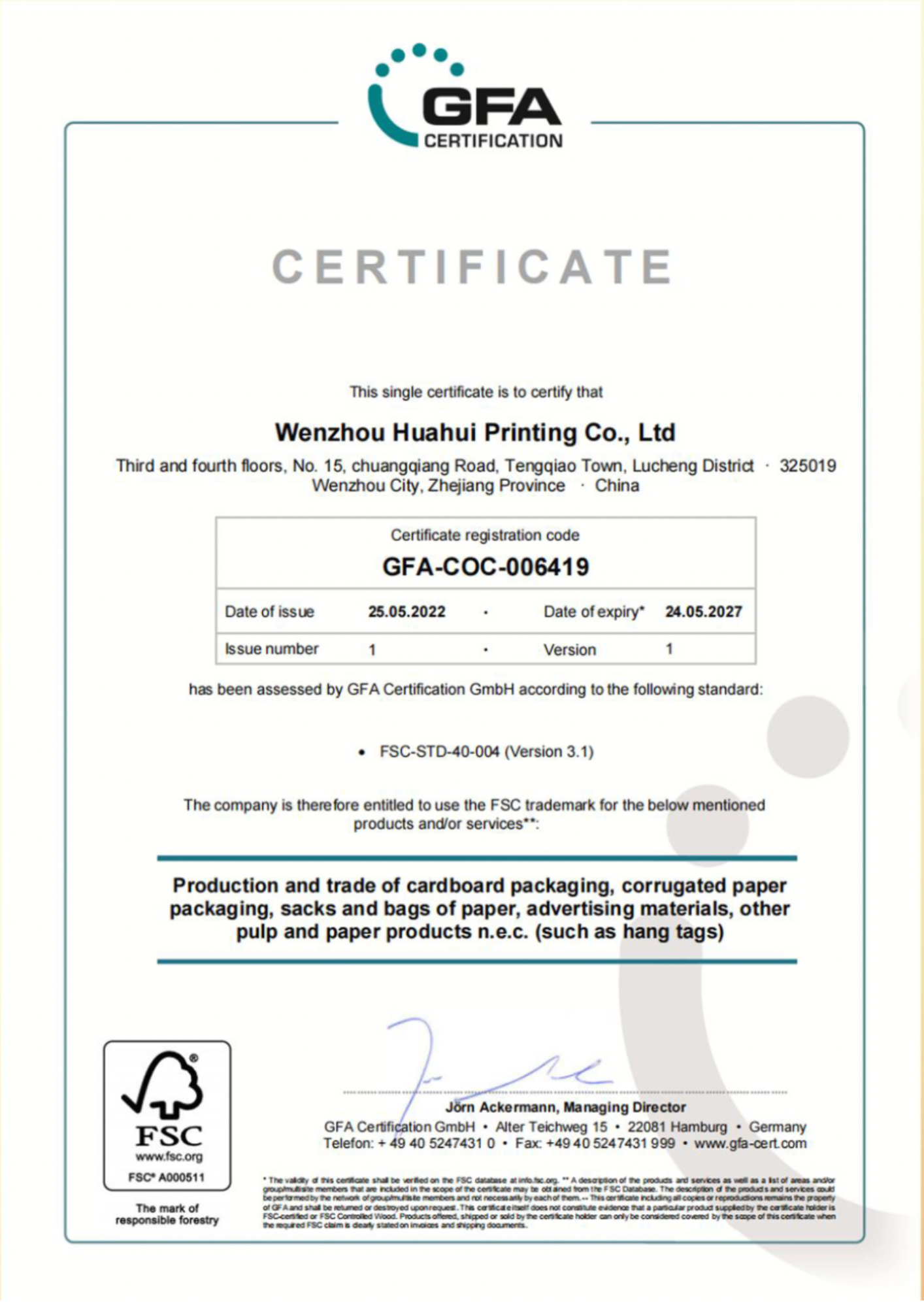 FSC certificate document preview